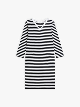 FEMME ウィメンズ 細ボーダー Vネック ワイドスリーブ ワンピース ”Biarritz” ホワイト×ブラック