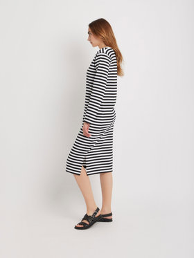 FEMME ウィメンズ 細ボーダー Vネック ワイドスリーブ ワンピース ”Biarritz” ホワイト×ブラック