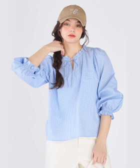 To b. by agnès b. ギンガムチェック コットン フリル 長袖 ブラウス ブルー