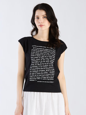 FEMME ウィメンズ オーガニックコットン プリント ノースリーブ Tシャツ ”Apocalypse selon St Jean” ブラック