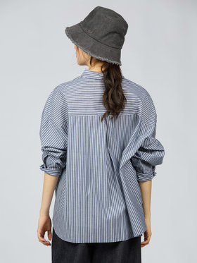To b. by agnès b. ストライプ コットン ロングスリーブ シャツ ネイビー