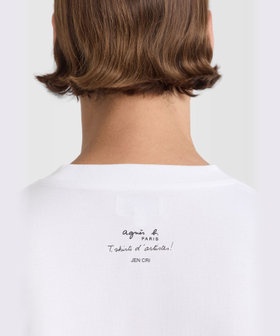 HOMME メンズ メンズ プリント コットン 半袖 アーティスト Tシャツ "Jen Cri" ホワイト