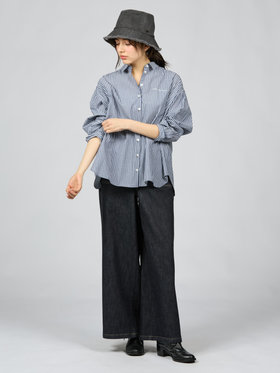 To b. by agnès b. ストライプ コットン ロングスリーブ シャツ ネイビー