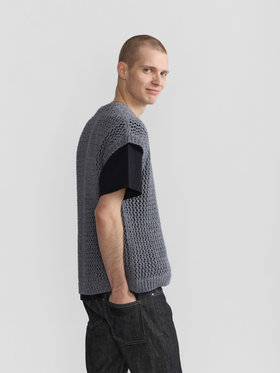 HOMME メンズ メンズ フィッシュネット コットン ノースリーブ ニット プルオーバー "Cary" グレー