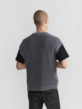 HOMME メンズ メンズ フィッシュネット コットン ノースリーブ ニット プルオーバー "Cary" グレー