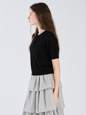 To b. by agnès b. 【Outlet】コットン オープンワーク ニット ポロシャツ ブラック