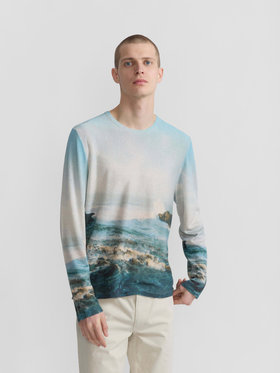 HOMME メンズ メンズ フォトプリント シルク リネン ニット プルオーバー "Mer" マルチ