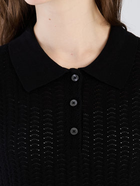 To b. by agnès b. 【Outlet】コットン オープンワーク ニット ポロシャツ ブラック