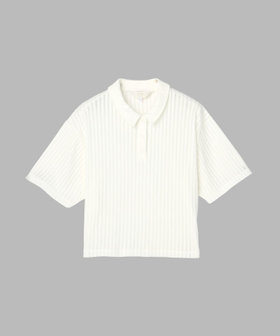 To b. by agnès b. ラッフルメッシュ ストライプ ポロシャツ ホワイト