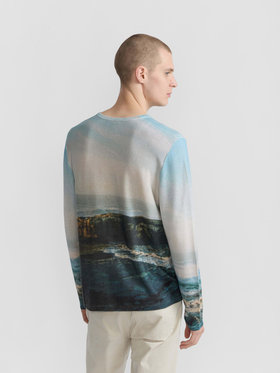 HOMME メンズ メンズ フォトプリント シルク リネン ニット プルオーバー "Mer" マルチ