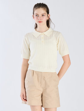 To b. by agnès b. 【Outlet】コットン オープンワーク ニット ポロシャツ ホワイト