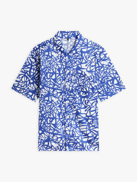 HOMME メンズ プリント コットン 半袖 アーティスト シャツ "Rafael Gray" ネイビー
