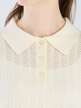 To b. by agnès b. 【Outlet】コットン オープンワーク ニット ポロシャツ ホワイト