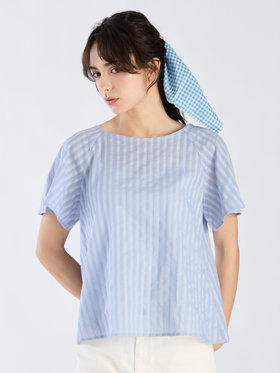 To b. by agnès b. 【Outlet】からみ織 コットン 半袖 ブラウス ブルー