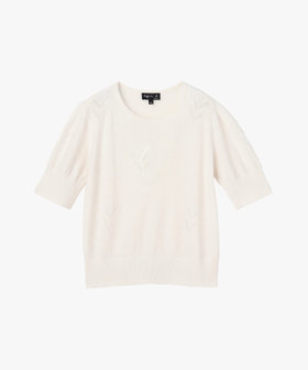 FEMME ウィメンズ フラワーモチーフ シルク リネン 半袖 ニット プルオーバー "Fleurs" ホワイト