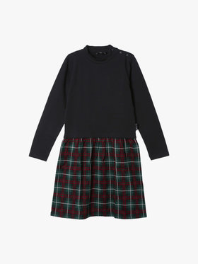 ENFANT ガールズ キッズ タータンチェック 長袖 ドッキング ワンピース グリーン