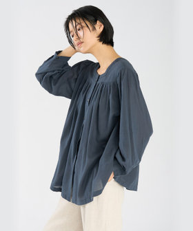 FEMME ウィメンズ ガーゼ調コットン スクエアネック 長袖 ブラウス "Angus" グレー