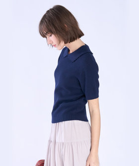 To b. by agnès b. コットン タック ステッチ 半袖 ニット プルオーバー ネイビー