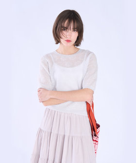 To b. by agnès b. シアー ジャカード 半袖 ニット プルオーバー ライトグレー