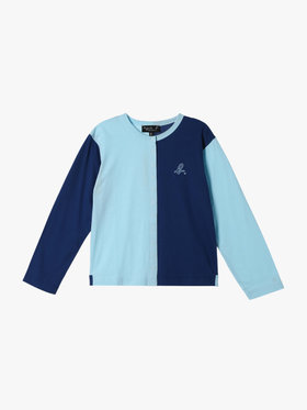 ENFANT ユニセックス キッズ バイカラー "b."ロゴ コットン 長袖 カーディガンプレッション "Bicol" ブルー