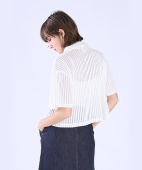To b. by agnès b. ラッフルメッシュ ストライプ ポロシャツ ホワイト