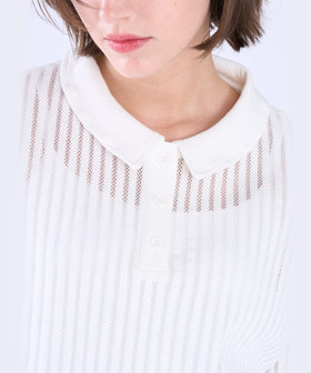 To b. by agnès b. ラッフルメッシュ ストライプ ポロシャツ ホワイト