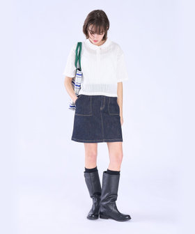 To b. by agnès b. ラッフルメッシュ ストライプ ポロシャツ ホワイト