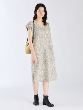FEMME ウィメンズ プリント リネン コットン 半袖 ワンピース "Maroc" ベージュ