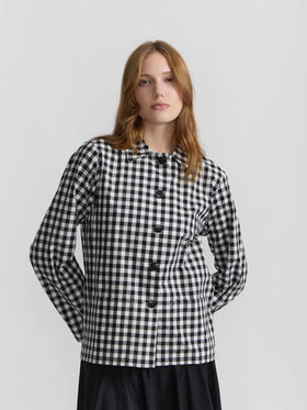 FEMME ウィメンズ ギンガムチェック コットン 長袖 ブラウス "Perryne" ブラック