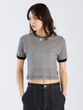 To b. by agnès b. 【Outlet】シアー コットン 半袖 リンガーTシャツ ブラック×ホワイト