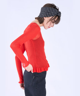 To b. by agnès b. シアー リブ フリル 長袖 ニット プルオーバー レッド