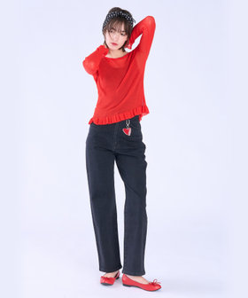 To b. by agnès b. シアー リブ フリル 長袖 ニット プルオーバー レッド