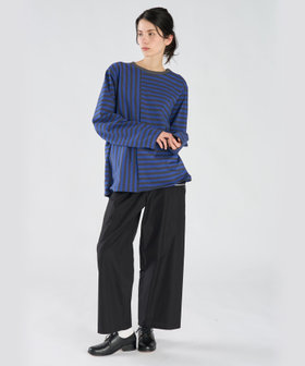 FEMME ウィメンズ 【by R 限定品】agnes b. 細ボーダーxストライプ コットン 長袖 Tシャツ "Haru" ネイビー×ブルー