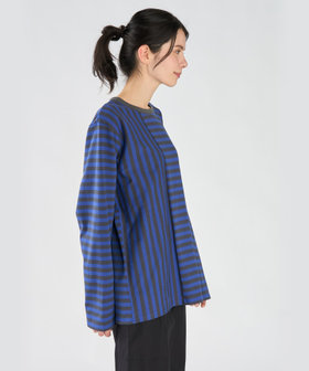 FEMME ウィメンズ 【by R 限定品】agnes b. 細ボーダーxストライプ コットン 長袖 Tシャツ "Haru" ネイビー×ブルー