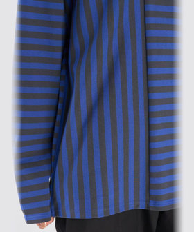 FEMME ウィメンズ 【by R 限定品】agnes b. 細ボーダーxストライプ コットン 長袖 Tシャツ "Haru" ネイビー×ブルー