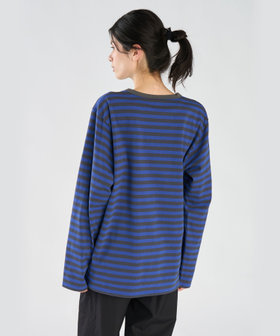 FEMME ウィメンズ 【by R 限定品】agnes b. 細ボーダーxストライプ コットン 長袖 Tシャツ "Haru" ネイビー×ブルー