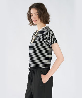 To b. by agnès b. ハート 刺繍 リブ ボーダー 半袖 Tシャツ ブラック