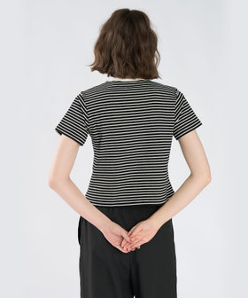 To b. by agnès b. ハート 刺繍 リブ ボーダー 半袖 Tシャツ ブラック