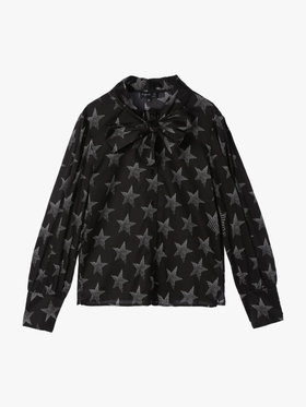 FEMME ウィメンズ スタープリント コットン 長袖 ボウタイブラウス "New Caraco" ブラック