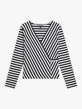 FEMME ウィメンズ ストライプ コットン 長袖 カシュクール トップス ”Zen” ホワイト×ブラック