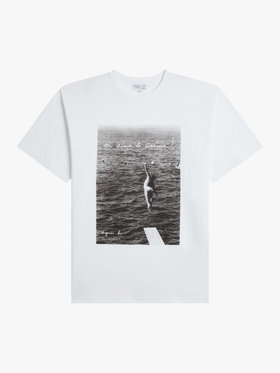 HOMME メンズ メンズ フォト メッセージ プリント コットン 半袖 Tシャツ "On aime le cinema!" ホワイト