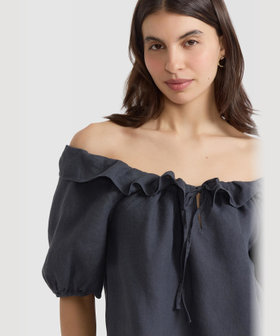 FEMME ウィメンズ リネン ワイドネック 半袖 ブラウス グレー