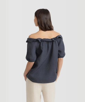 FEMME ウィメンズ リネン ワイドネック 半袖 ブラウス グレー