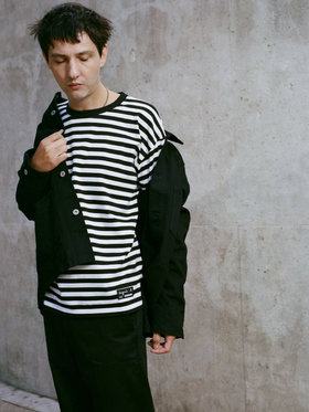 HOMME メンズ agnes b. x NH ボーダークルーネック 長袖Tシャツ ホワイト×ブラック