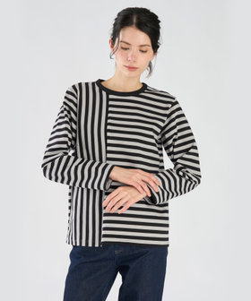 FEMME ウィメンズ 【by R 限定品】agnes b. 細ボーダーxストライプ コットン 長袖 Tシャツ "Haru" エクリュ×ブラック