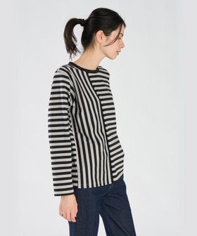 FEMME ウィメンズ 【by R 限定品】agnes b. 細ボーダーxストライプ コットン 長袖 Tシャツ "Haru" エクリュ×ブラック