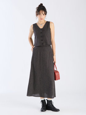 To b. by agnès b. 【Outlet】モノトーン チェック コットン リネン ロングスカート ブラック×ホワイト