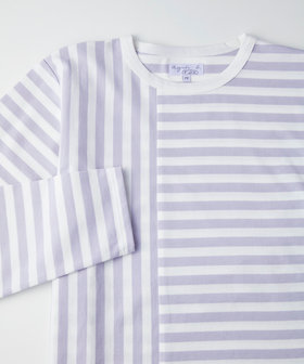 FEMME ウィメンズ 【by R 限定品】agnes b. 細ボーダーxストライプ コットン 長袖 Tシャツ "Haru" サックス×ホワイト