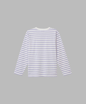 FEMME ウィメンズ 【by R 限定品】agnes b. 細ボーダーxストライプ コットン 長袖 Tシャツ "Haru" サックス×ホワイト