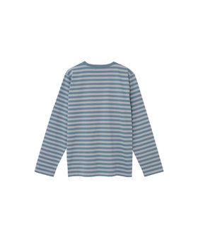 FEMME ウィメンズ 【by R 限定品】agnes b. 細ボーダーxストライプ コットン 長袖 Tシャツ "Haru" ブルーグレー×ライトグレー